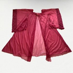 Vintage 70s Glam Burgundy Lace-Trimmed Peignoir Robe Duster L/XL